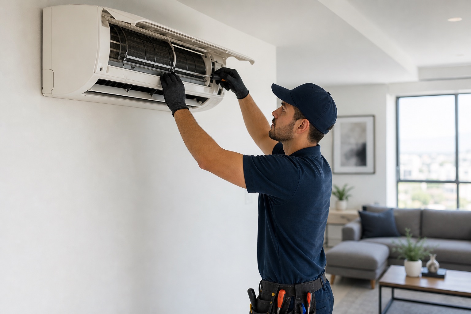 AC cleaning Dubai AC cleaning technician servicing a Dubai home