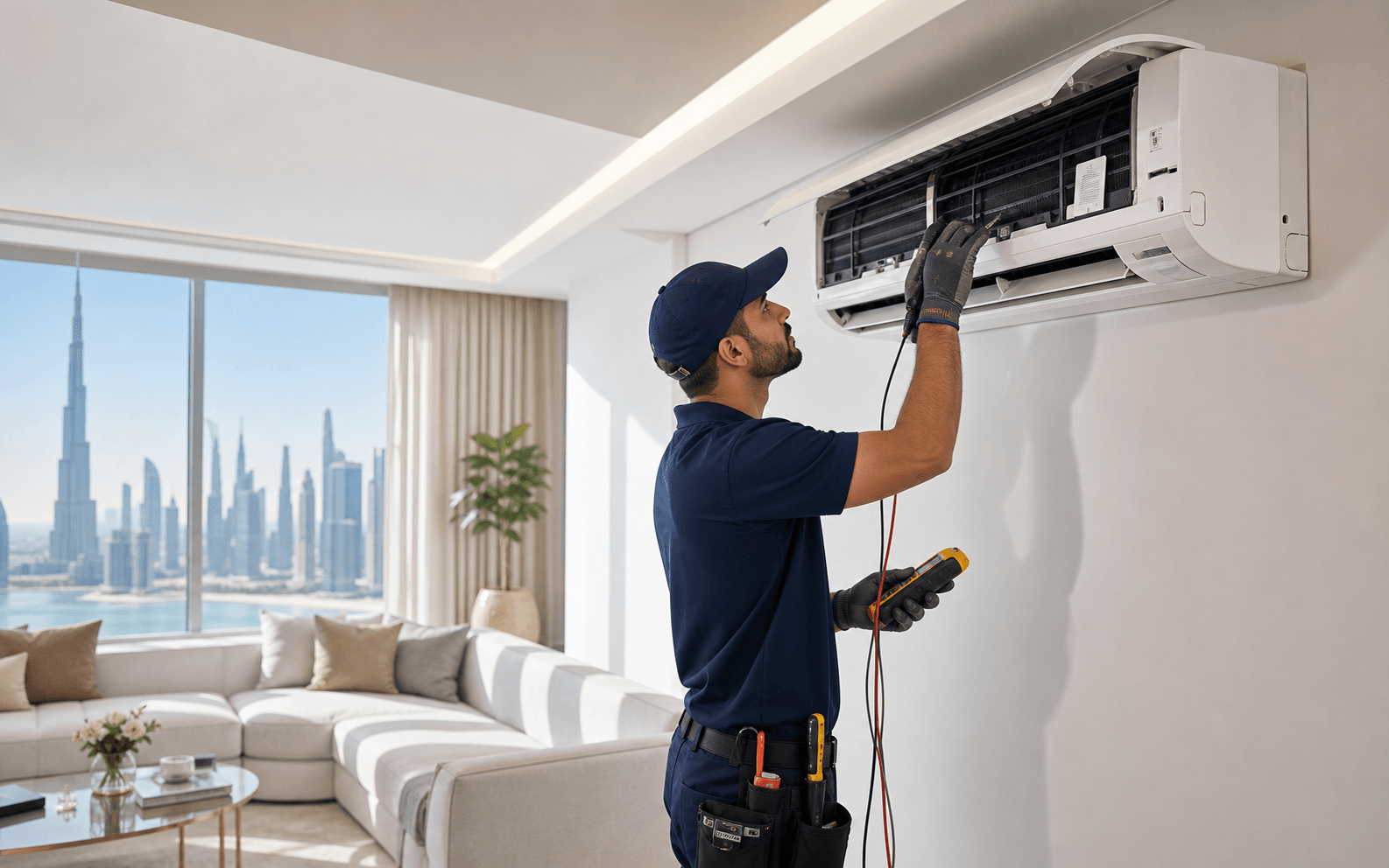 AC repair technician working in a Dubai home