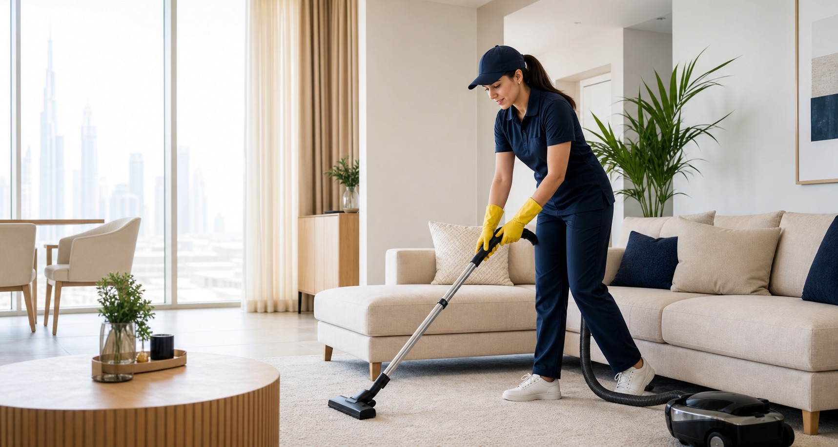 Cleaner vacuuming a bright living room