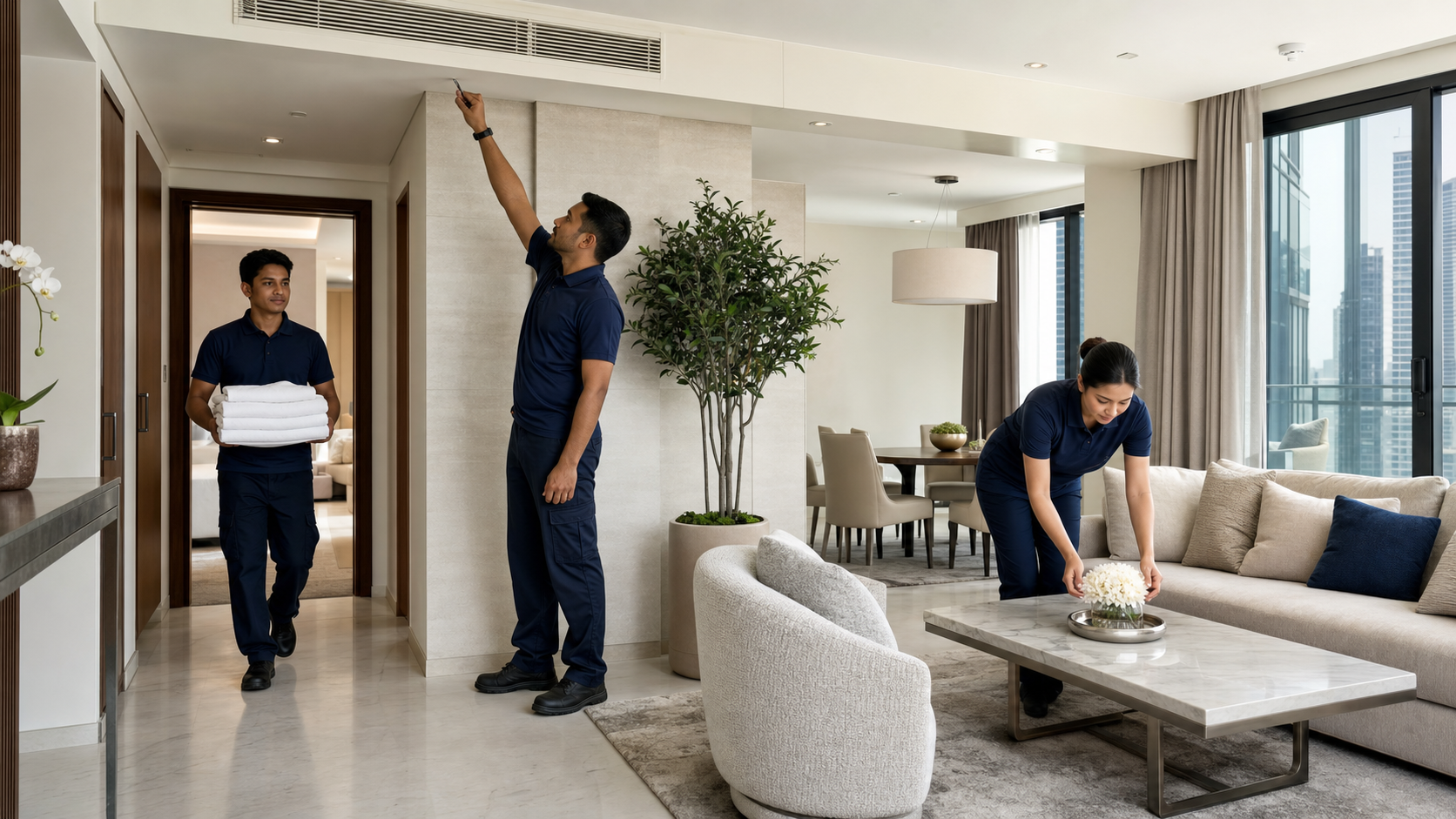 All in-house holiday home services Dubai Cleaning, linen and maintenance team working in a luxury Dubai holiday home
