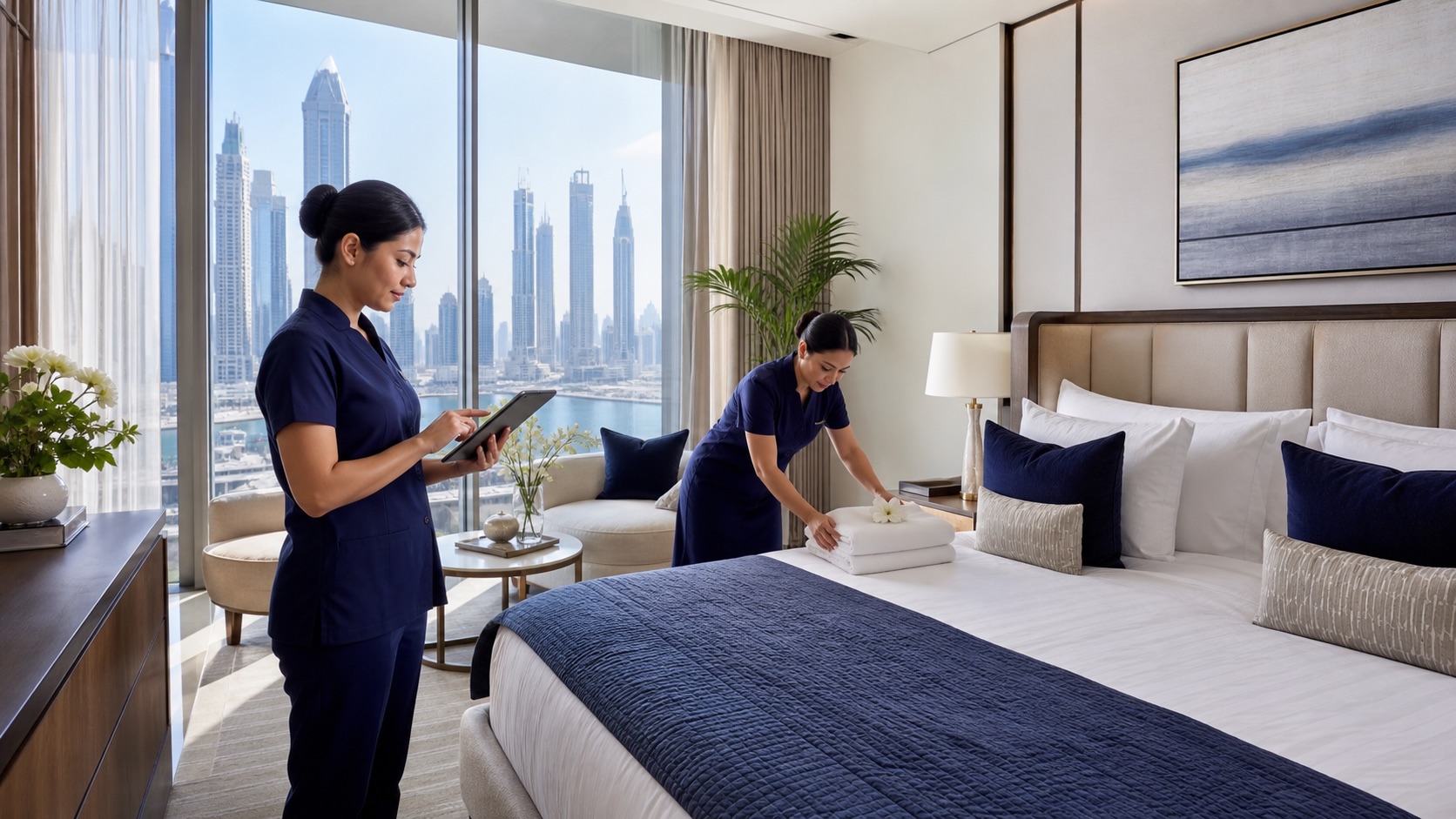 Holiday home services Dubai Holiday home turnover team preparing a Dubai rental
