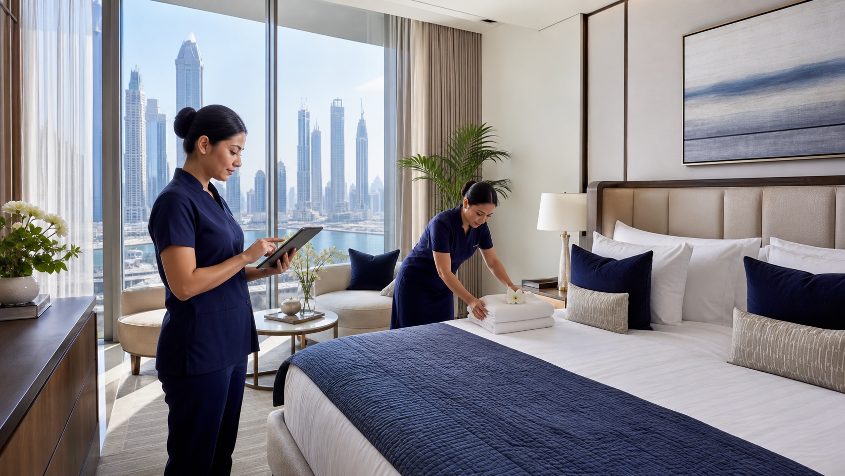 Holiday home turnover team preparing a luxury Dubai short-term rental